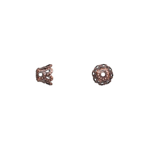 Bead cap, antique copper-finished "pewter" (zinc-based alloy), 6x5mm fancy cone, fits 6-8mm bead. Sold per pkg of 24. image number 0