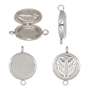 Pendant, stainless steel, 37x30mm single-sided hinged round locket with cutout angel wings design and magnetic closure with loop. Sold individually.