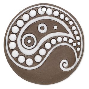 Focal, ceramic, brown and white, 45mm single-sided round with paisley design, 2.5mm hole. Sold individually.
