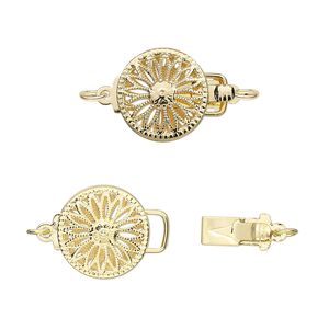 Clasp tab 1pkg1 gold-plated, 12mm filigree round / safety latch, brass 1-strand