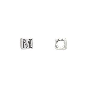 Bead, sterling silver, 5.5mm cube with alphabet letter "M." Sold individually.