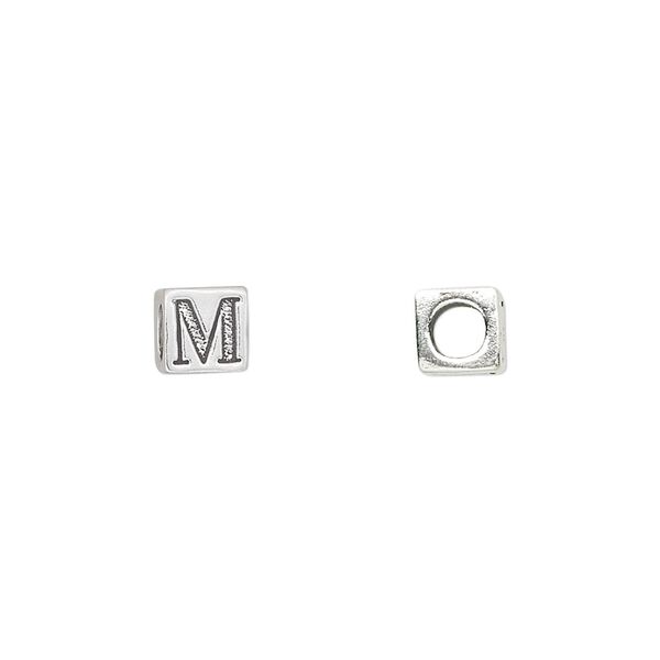 Bead, sterling silver, 5.5mm cube with alphabet letter "M." Sold individually. image number 0
