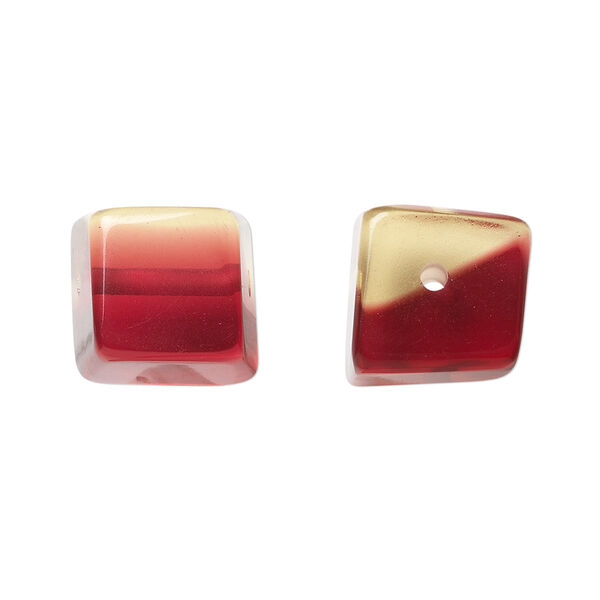 Bead, resin, red and yellow, 13x13mm irregular cube. Sold per pkg of 4. image number 0