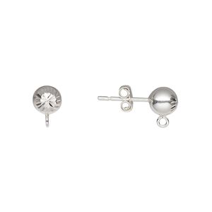 Earstud 1pkg2 sterling silver, 6mm diamond-cut ball / closed loop / earnuts, 1 pair