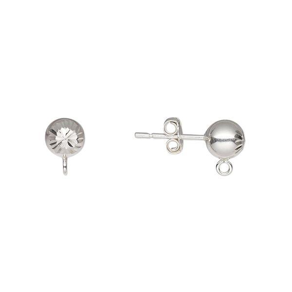 Earstud 1pkg2 sterling silver, 6mm diamond-cut ball / closed loop / earnuts, 1 pair image number 0