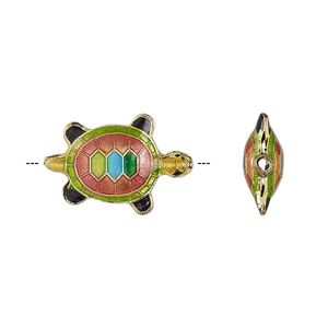 Bead, enamel and gold-finished copper, red and multicolored, 20x13mm turtle. Sold per pkg of 4.