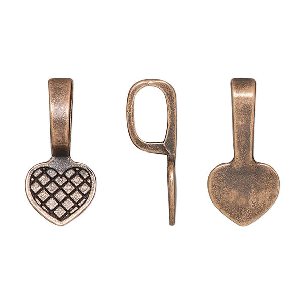 Bail, glue-on, antique copper-finished "pewter" (zinc-based alloy), 21x10mm heart with 10.5x10mm pad. Sold per pkg of 20. image number 0