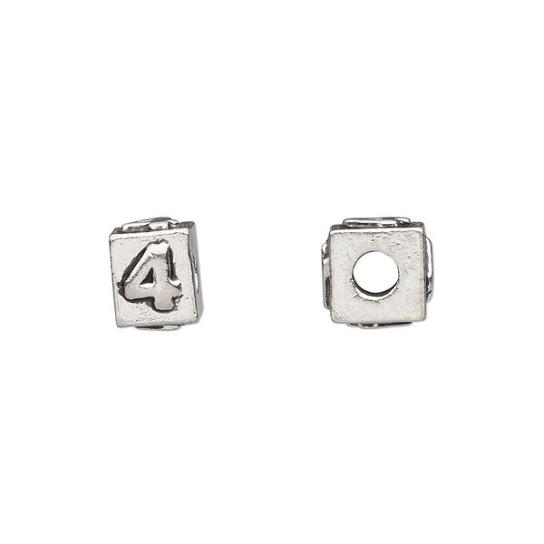 Bead, antiqued pewter (tin-based alloy), 8x6mm rectangle with number "4." Sold per pkg of 4. image number 0