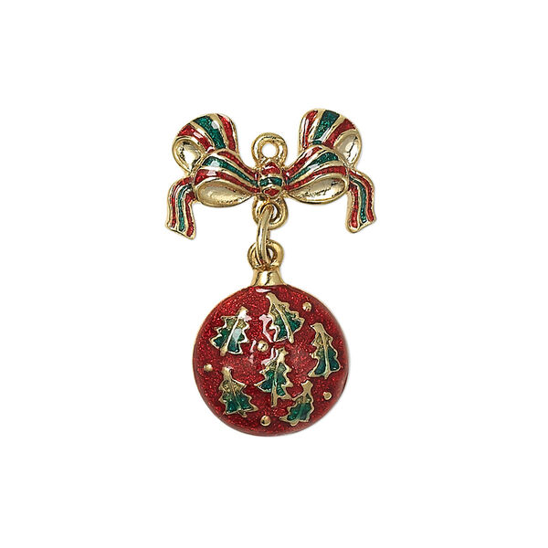 Charm, enamel and gold-finished "pewter" (zinc-based alloy), red and green, 27x17mm single-sided movable ornament with bow. Sold individually. image number 0