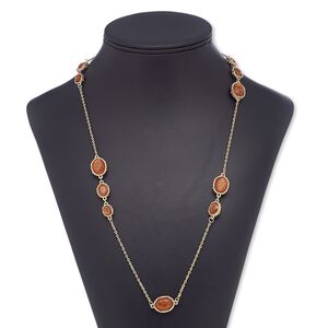 Necklace, resin with gold-finished steel and "pewter" (zinc-based alloy), copper, oval, 32 inches with 2-inch extender chain and lobster claw clasp. Sold individually.