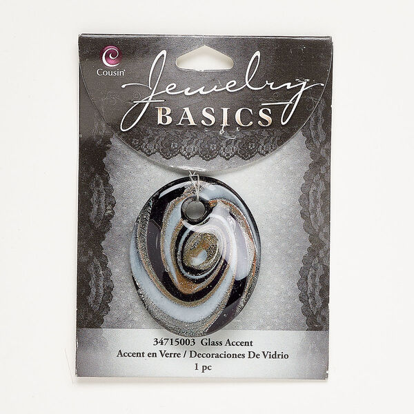 Focal, lampworked glass, black and white with silver-colored foil and copper-colored glitter, 45x27mm twisted oval. Sold individually. image number 0