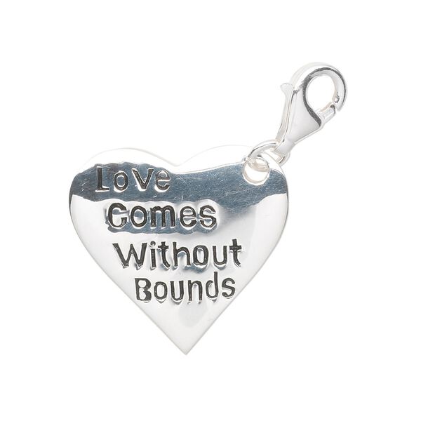 Charm, enamel and sterling silver, black, 23x22mm heart with "Love Comes Without Bounds" and lobster claw clasp. Sold individually. image number 0