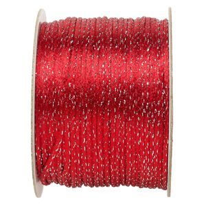 Cord, Satinique™, satin, red and metallic silver, 2mm. Sold per 432-foot spool.