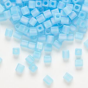 Seed bead, Miyuki, glass, pkg/25g, 3.5-3.7mm square, translucent frosted rainbow light blue (SB-148FR).