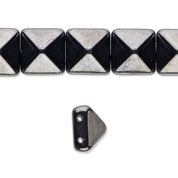 Spacer, Preciosa, Czech pressed glass, opaque hematite, 11x11x7.5mm 2-strand pyramid, fits up to 5.5mm bead. Sold per 8-inch strand, approximately 15 spacers. image number 0