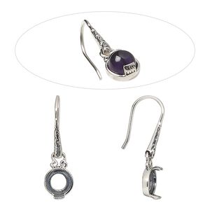 Earring fishhook 1pkg2 sterling silver, 25mm flourish marquise design / 6mm round cab 2-prong open back setting, 20 gauge antiqued 1 pair