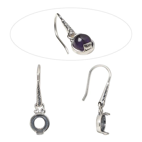 Earring fishhook 1pkg2 sterling silver, 25mm flourish marquise design / 6mm round cab 2-prong open back setting, 20 gauge antiqued 1 pair image number 0