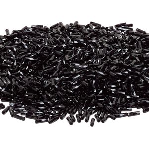 Bead, Miyuki, bugle bead, glass, pkg/50 g, 6x2mm center-drilled twisted, opaque black, (TW-401).