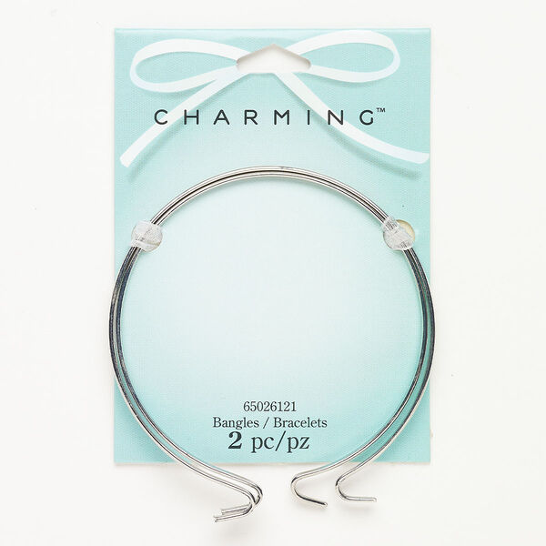 Bracelet bangle steel 2pk 2mm wide double hook clasp, silver finish 8 inch image number 0