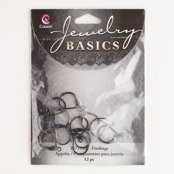 Ear wire leverback 1pkg12, 16mm / open loop, 21 gauge black finished brass 6 pair image number 0