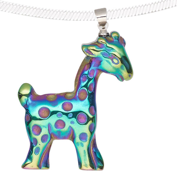 Pendant, electroplated Hemalyke™ (man-made) and silver-finished brass, rainbow, 35x29mm single-sided giraffe. Sold individually. image number 0