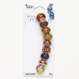Brass / glass 1pkg9 rondelle bead assortment silver finish / opaque / translucent multi-brown 14x10mm-15x11mm