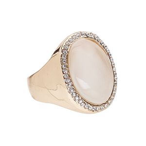 Ring, cat's eye glass / Egyptian glass rhinestone / rose gold-finished "pewter" (zinc-based alloy), white and clear, 25x20mm oval, size 9. Sold individually.