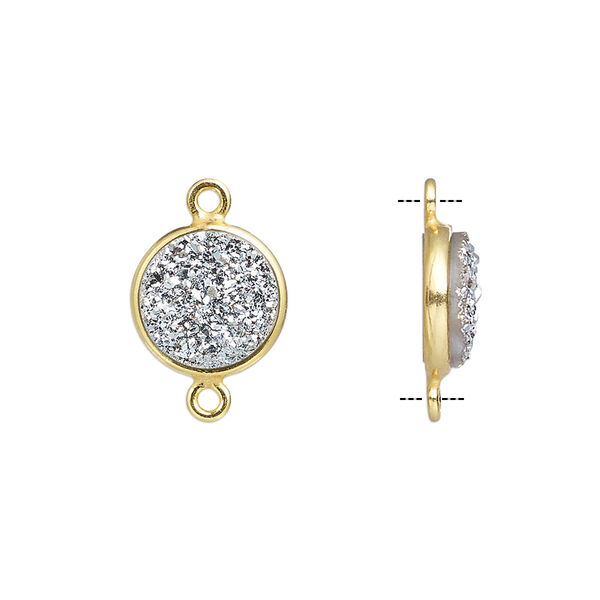 Link, titanium- / electro-coated druzy agate (coated) / gold-finished sterling silver, antique silver, 11mm hand-cut single-sided flat round. Sold individually. image number 0