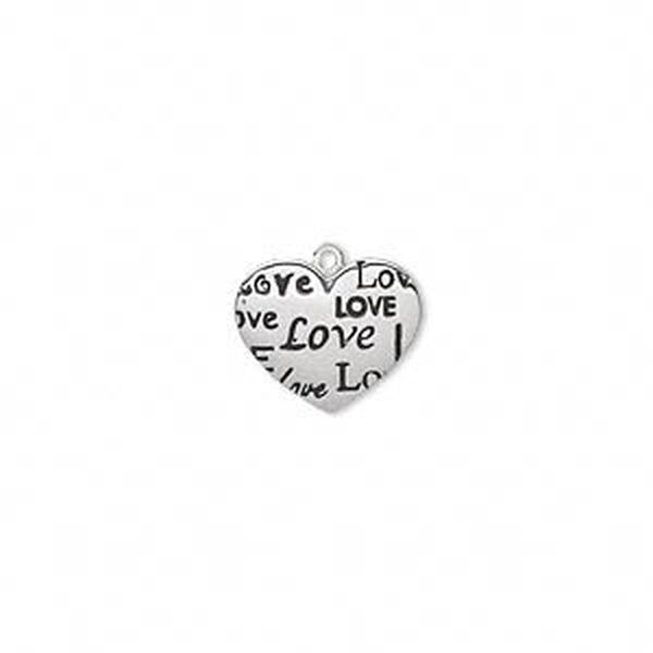 Charm, antique silver-plated "pewter" (zinc-based alloy), 25x21mm single-sided heart with multiple "LOVE." Sold individually. image number 0