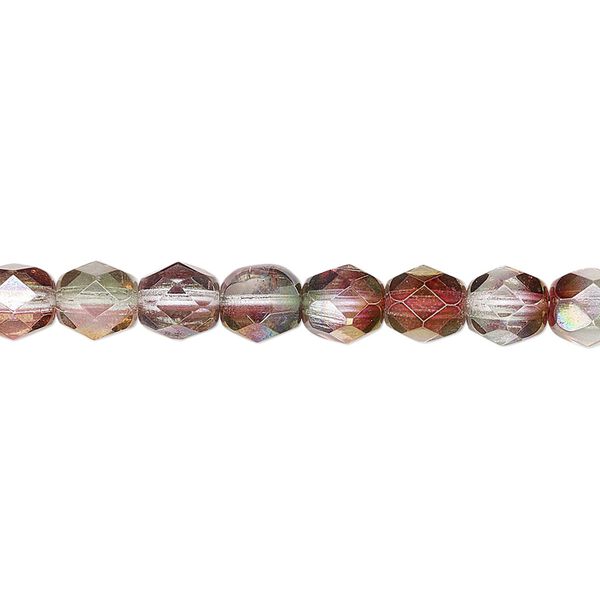 Bead, Czech fire-polished glass, translucent to transparent pink and green luster, 6mm faceted round. Sold per pkg of 1,200 (1 mass). image number 0