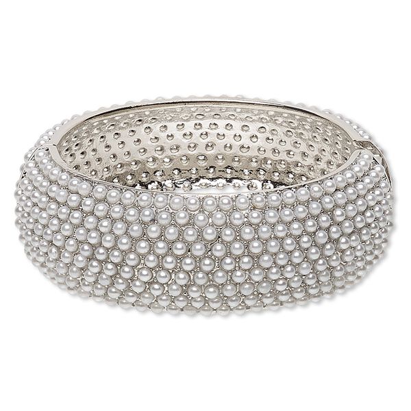 Bracelet, hinged bangle, acrylic with imitation rhodium-finished steel and "pewter" (zinc-based alloy), grey, 26mm wide, 7-1/2 inches with magnetic clasp. Sold individually. image number 0