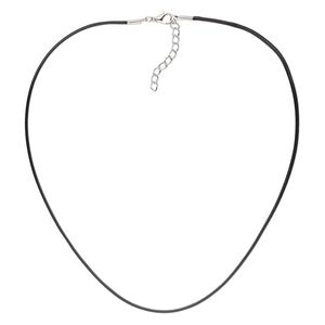 Necklace cord, waxed cotton cord with imitation rhodium-finished steel and "pewter" (zinc-based alloy), black, 1.5mm round, 16 inches with 1-1/2 inch extender chain and lobster claw clasp. Sold per pkg of 4.
