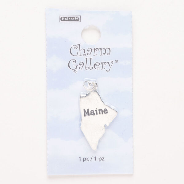 Charm, steel and enamel, pkg/1, silver finish and black, 24x17mm with "Maine." image number 0