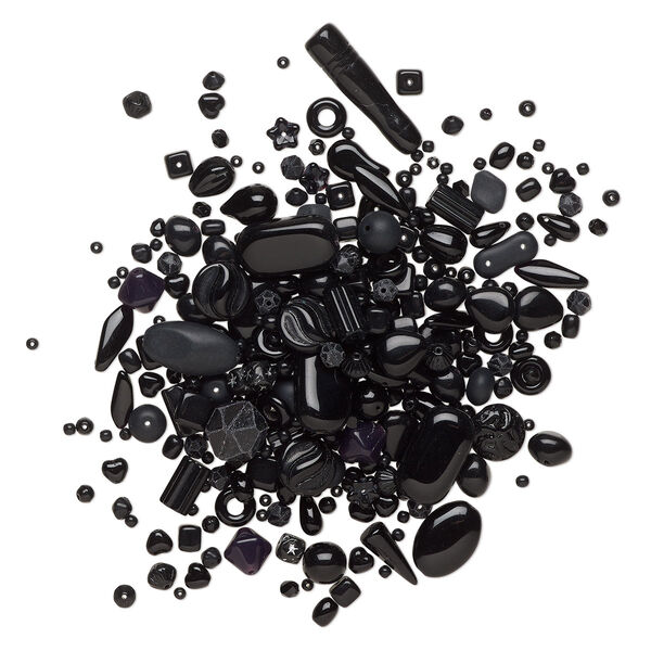 Bead mix, Czech pressed glass, opaque black, 5x4-35x8mm mixed shapes. Sold per 4-ounce pkg, approximately 455 beads. image number 0