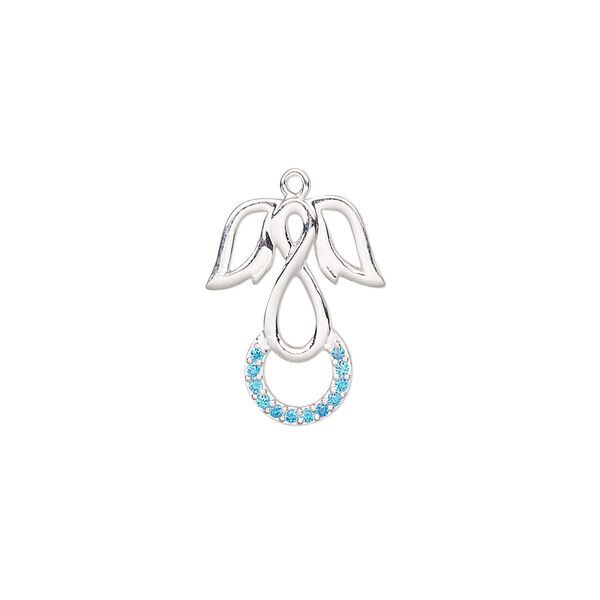 Charm, cubic zirconia and sterling silver, blue, 17x13mm single-sided angel. Sold individually. image number 0