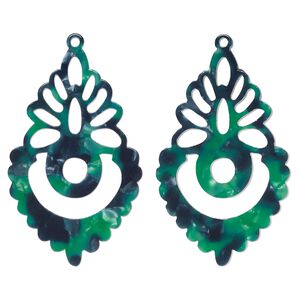 Focal, resin, green and dark green, 50x31mm fancy teardrop. Sold per pkg of 2.