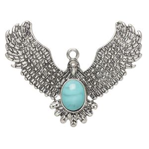 Focal, "turquoise" (resin) (imitation) and antiqued "pewter" (zinc-based alloy), blue, 45x36mm single-sided eagle with slightly curved wings. Sold individually.
