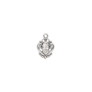 Drop 1pkg1, antiqued sterling silver and cubic zirconia, clear, 10x8.5mm with 6mm faceted stone.
