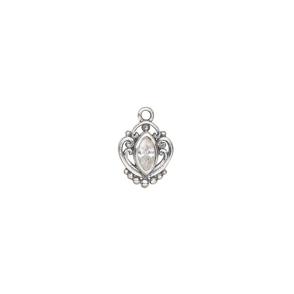 Drop 1pkg1, antiqued sterling silver and cubic zirconia, clear, 10x8.5mm with 6mm faceted stone. image number 0