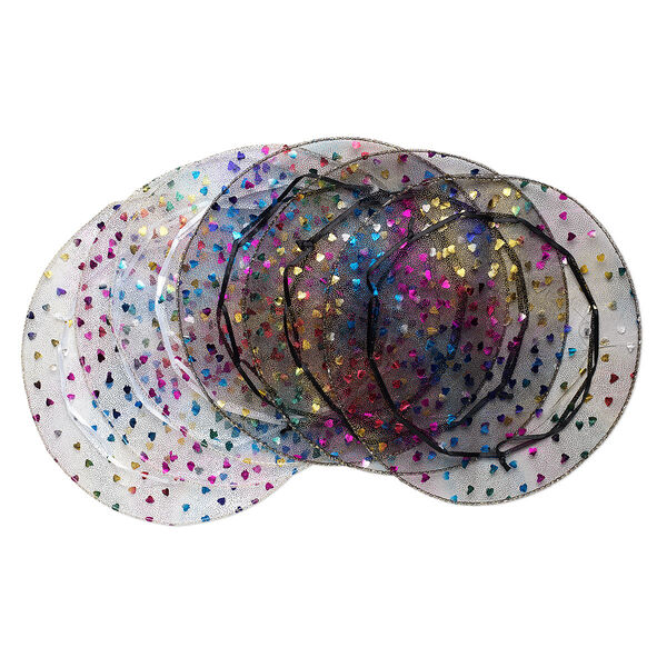 Pouch, organza, black / white / multicolored, 10-inch round with heart pattern and drawstring. Sold per pkg of 6. image number 0