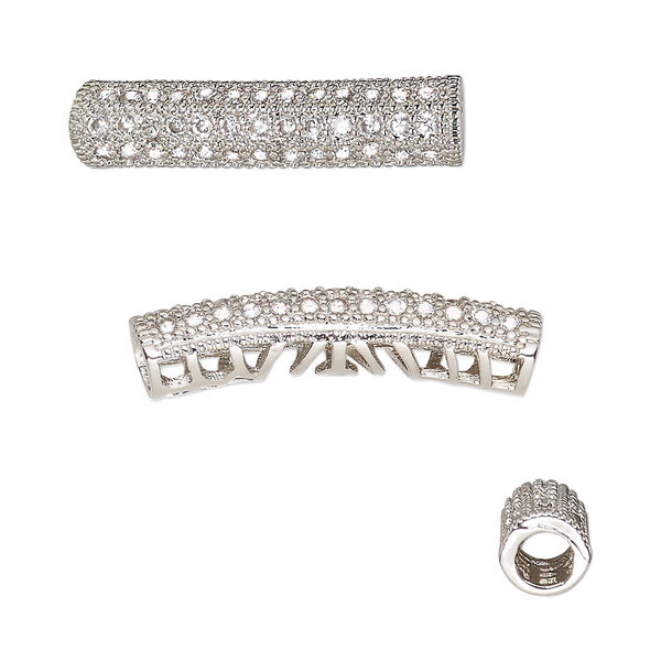 Bead, cubic zirconia and silver-finished brass, clear, 27x7.5mm textured curved tube with cutout design. Sold individually. image number 0