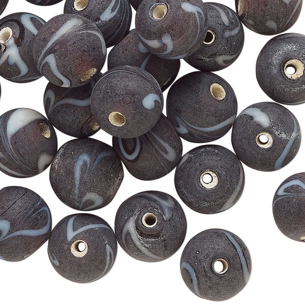 Bead, lampworked glass, opaque dark brown and white, 10mm round. Sold per 2-ounce pkg, approximately 40 beads. image number 0