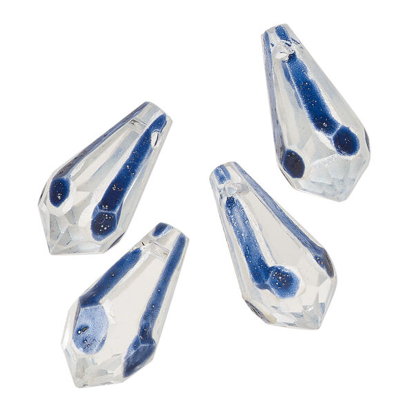 Bead, painted glass, clear / blue / white, 20x9.5mm top-drilled faceted teardrop. Sold per pkg of 4. image number 0