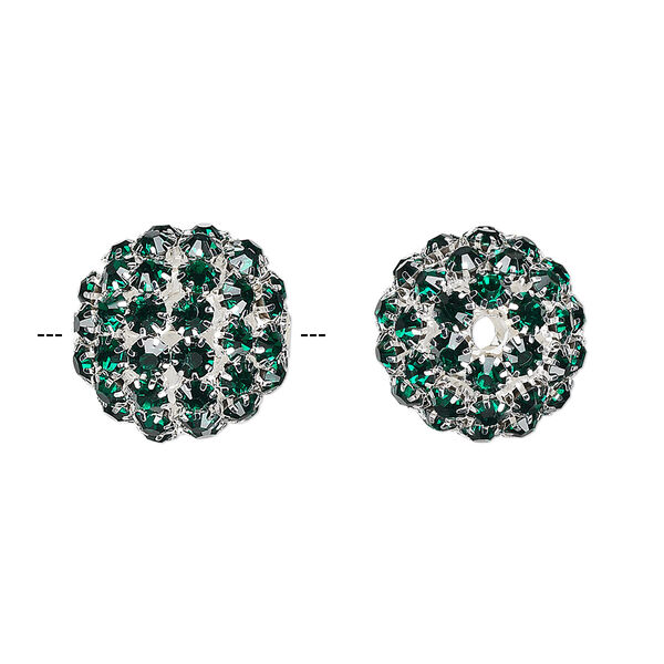 Bead, glass rhinestone and silver-finished brass, emerald green, 27mm ball with 5mm chatons, 4.5mm hole. Sold individually. image number 0