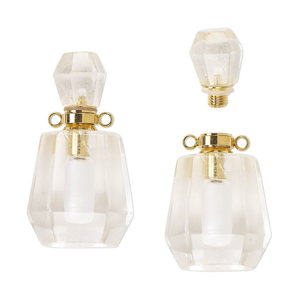 Rose quartz / brass 1pkg1, gold-finished hand-cut perfume bottle / 2 loops / threaded stopper natural 37x20mm image number 0