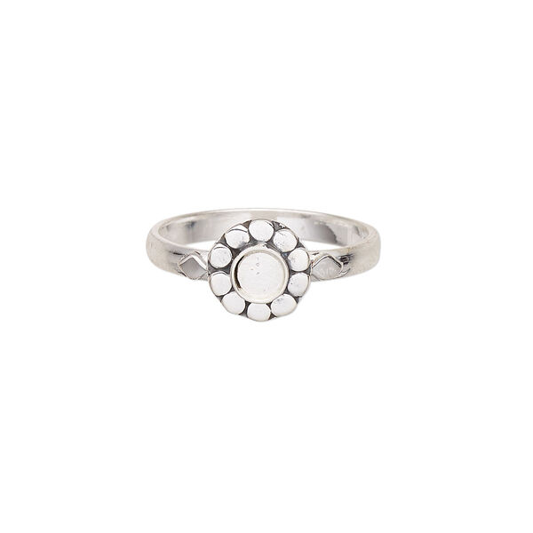 Ring, antiqued sterling silver, 3mm wide with smooth flower design and 4mm round glue-in setting, size 9. Sold individually. image number 0