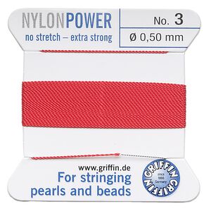 Thread, Griffin, nylon, red, size #3. Sold per 2-meter card (approximately 78 inches).