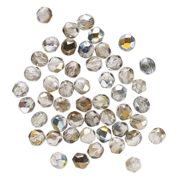 Bead, Czech fire-polished glass, translucent light smoke iris, 6mm faceted round. Sold per pkg of 50. image number 0