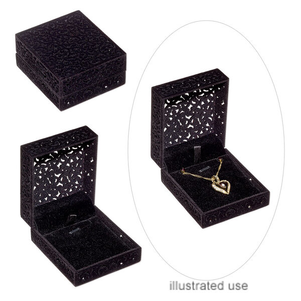 Box, gift, flocked and padded velveteen / acrylic / steel, black, 3-1/8 x 2-3/4 x 1-1/2 inch hinged rectangle. Sold individually. image number 0