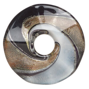 Focal, lampworked glass 1pkg1, opaque black / white / copper-colored glitter, 47mm undrilled single-sided wavy donut.